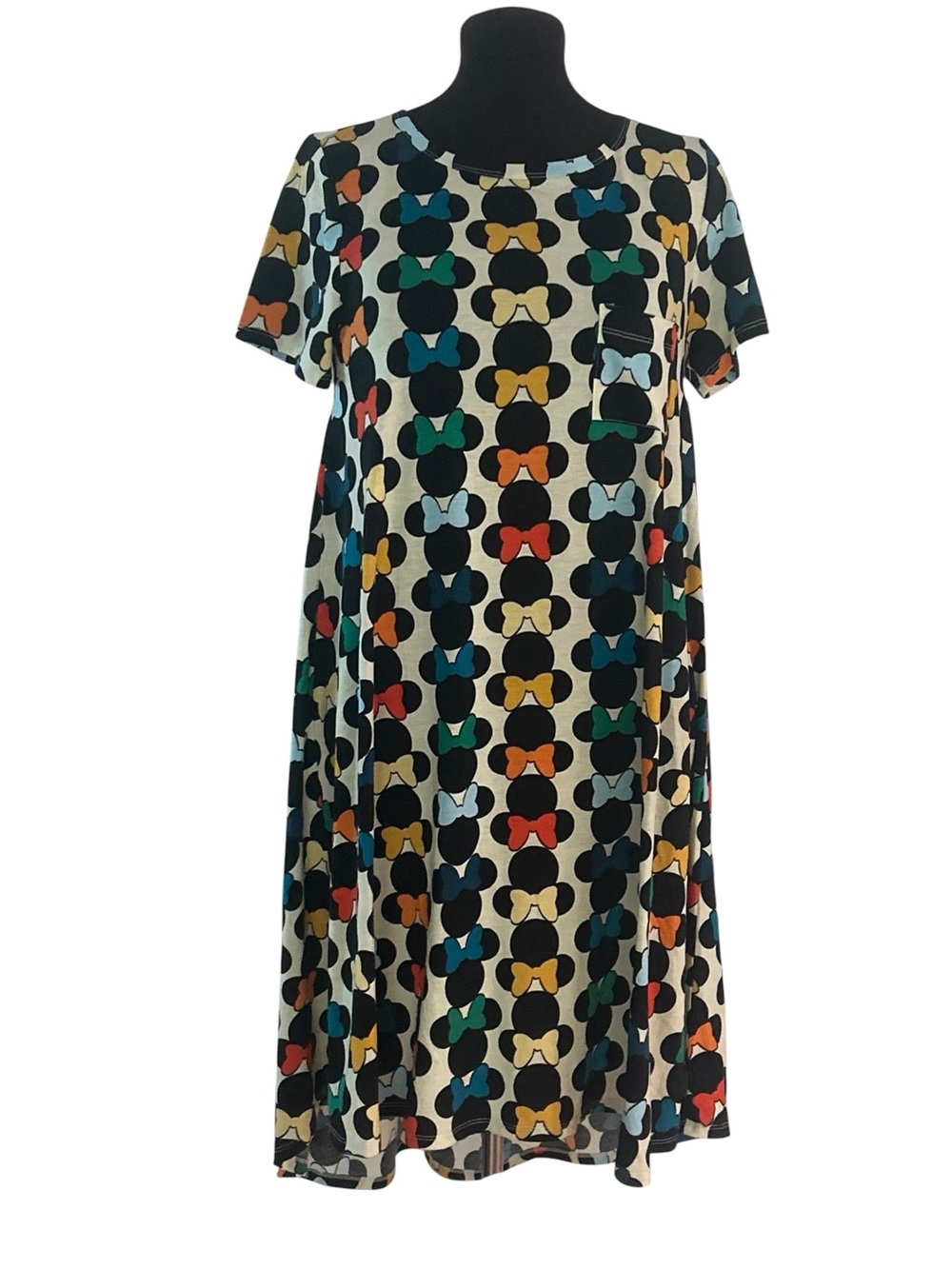 LuLaRoe Disney Carly Dress M  Minnie Mouse Yellow Multi Color Bows New Sz 10-12